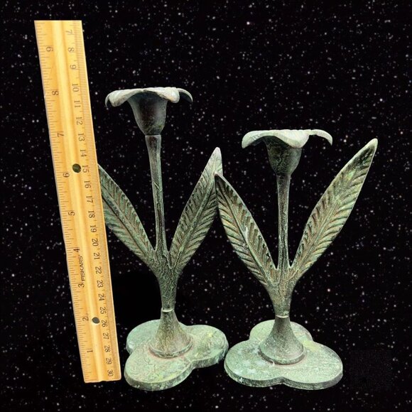 VINTAGE ARCHANA CRAFTS METAL CANDLE HOLDER TAPER TULIPS Set India 8”T 7”W - Picture 3 of 11